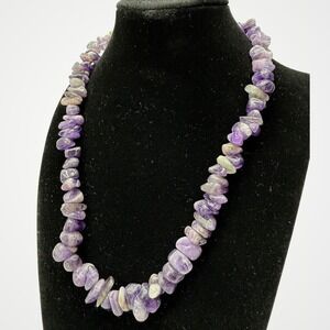 VTG Amethyst Gemstone Necklace 18" Large Polished Purple Chip Beads Healing Boho